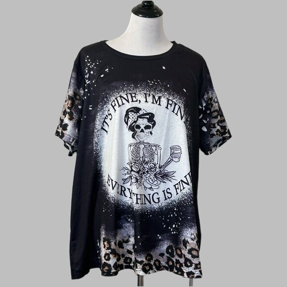 Womens Shirt Plus Size 4XL Black Short Sleeve "Its Fine Everythings Fine" Animal - Picture 1 of 7